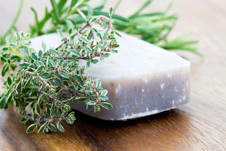 Handgemachte Naturseifen-Stücke mit Oregano und Rosmarin auf einem Holzbrett