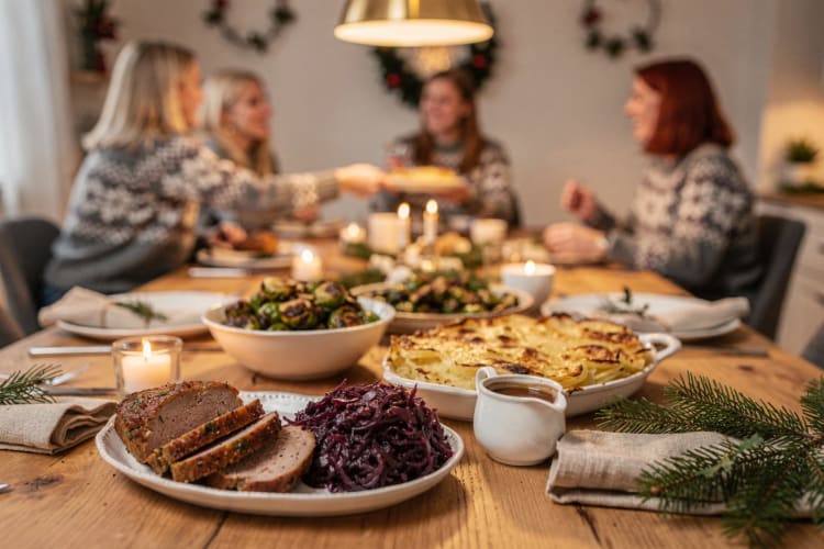 Festlich gedeckte Weihnachtstafel mit Seitanbraten, Rotkohl, Rosenkohl und Gratin, im Hintergrund Freunde KI-generiert