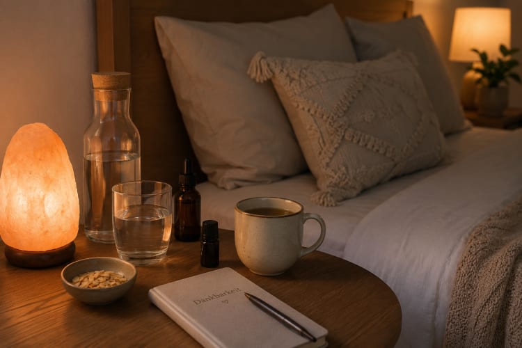 Gemütliches Band mit natürlichen Farben, Materialien mit Holztisch in und Salzkristalllampe und Journal, um Gedanken aufzuschreiben, und Tasse Tee.