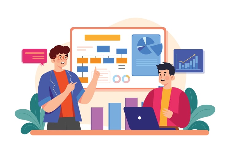 Konzept für die Darstellung von Geschäftsabläufen. Flache Illustration isoliert auf weißem Hintergrund. null