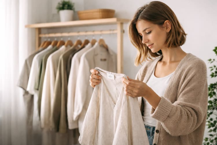 Frau begutachtet Leinenbluse null