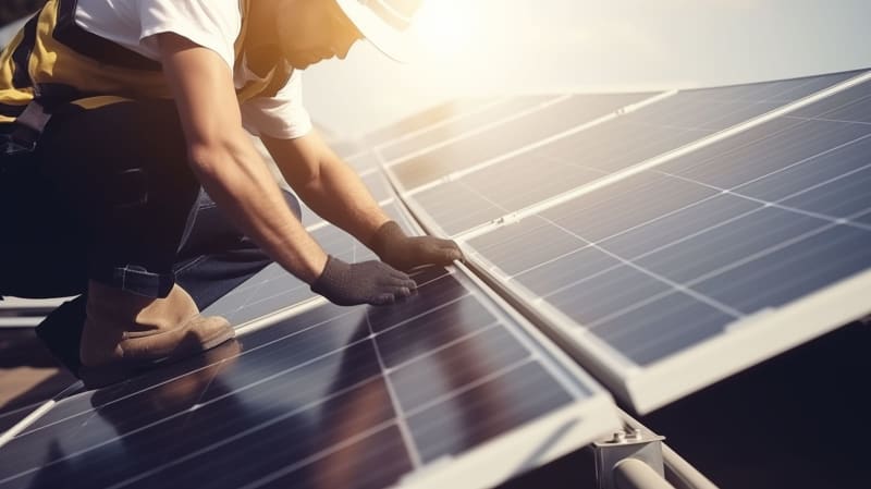 Arbeiter repariert oder montiert Sonnenkollektoren auf dem Dach. Detailaufnahme. Sonnenlicht, Sonnenenergie null