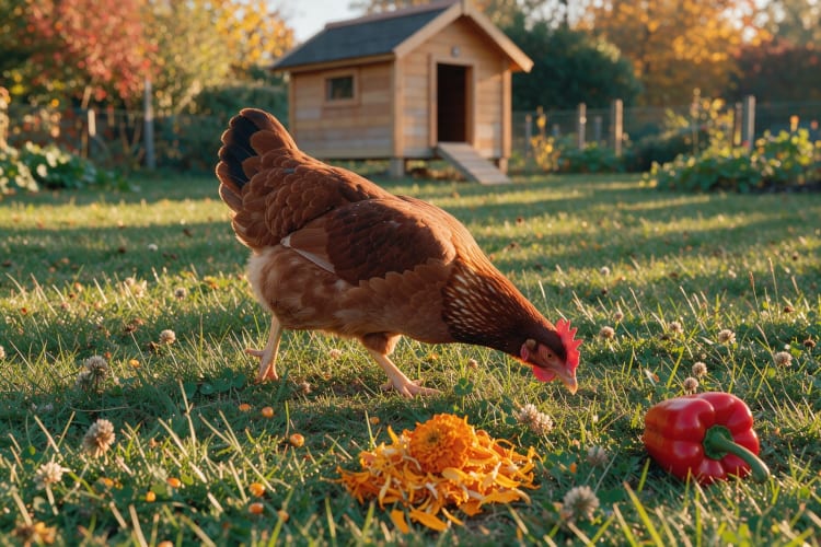 Braunes Huhn pickt auf einer sonnigen Wiese Gras, davor Maiskörner, Ringelblumenblüten und eine rote Paprika KI-generiert