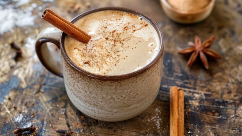 Eine warme Tasse cremiger, gewürzter Chai steht auf einem rustikalen Holztisch, garniert mit einer Zimtstange und mit Gewürzen bestreut. null