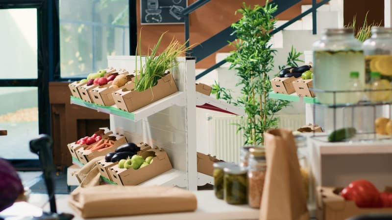 Umweltfreundlicher Zero-Waste-Supermarkt, der umweltfreundliche lokale Bio-Produkte verkauft und für einen gesunden Lebensstil wirbt. Leerer Lebensmittelladen mit lokal angebautem nachhaltigem Obst, Gemüse und Kräutern. null