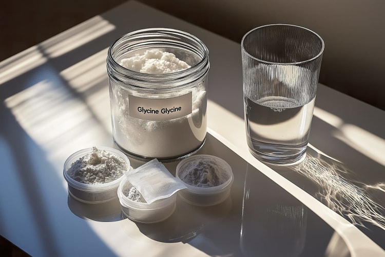 Ein Behälter mit Glycinpulver steht neben einem Glas Wasser und veranschaulicht eine Wellness-Routine für zu Hause bei natürlichem Licht. null