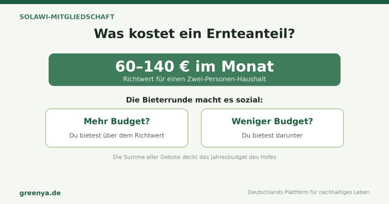 Infografik Solawi-Kosten: Ein Ernteanteil kostet 60 bis 140 Euro im Monat. Die Bieterrunde macht es sozial – wer mehr Budget hat, bietet über dem Richtwert, wer weniger hat, darunter; die Summe deckt das Jahresbudget des Hofes.