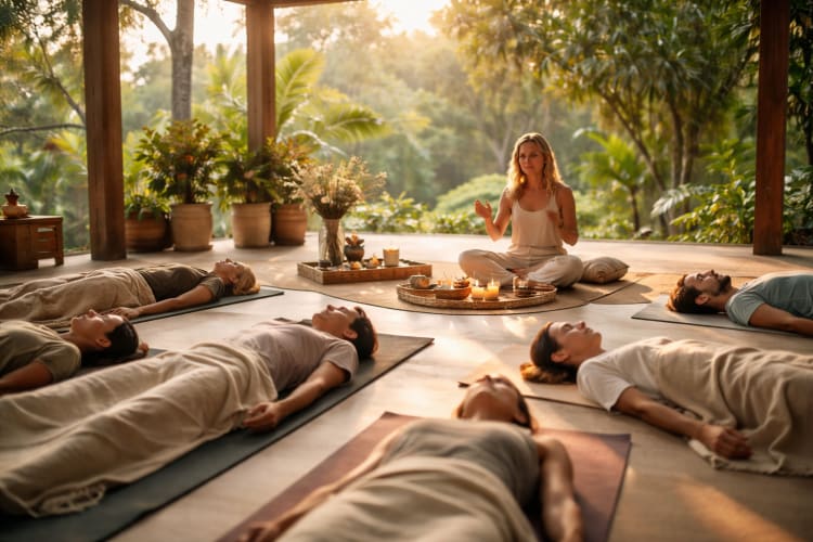 Breathwork Session im Wald mit Teilnehmern und Breathwork Coach null