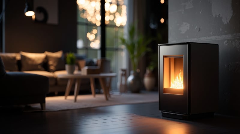 null Dieses moderne Wohnzimmer verfügt über einen eleganten Pelletofen, der den Raum in warmes Licht taucht. Bequeme Möbel laden zum Entspannen ein, während Pflanzen dem Abendambiente einen Hauch von Natur verleihen.