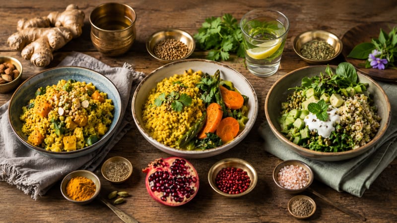 Verschiedene leckere Gerichte, die in die Ayurveda-Ernährung passen. Granatapfel, Ingwer, Gewürze.