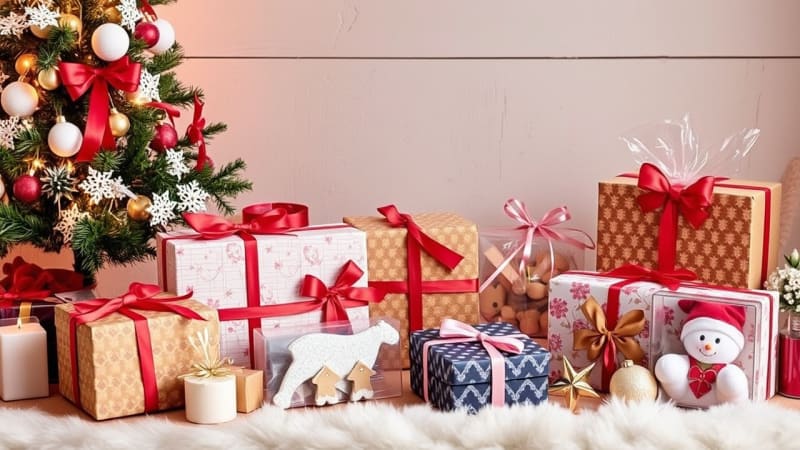 Ein Tannenbaum der geschmückt ist und verschiedene Geschenke mit roten Schleifen auf einem flauschigen weissen Untergrund null