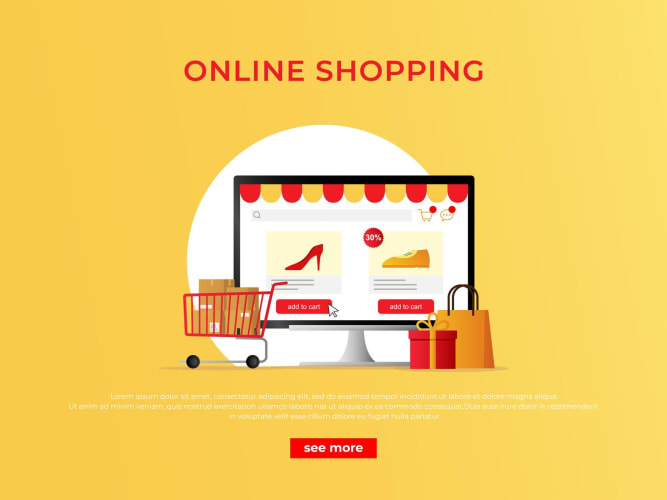 Digitales Marketing, Laden, E-Commerce-Shopping-Konzept-Banner, Online-Shop auf Computer-Desktop-Illustration. null