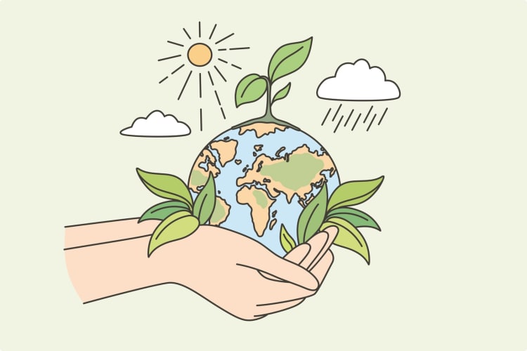 Ökologie, nachhaltige Natur, Konzept zum Schutz des Planeten. Hände, die den Planeten Erde mit wachsenden Pflanzen, Sonne und Regen umgeben halten und sich um ihn kümmern – Vektorgrafik. null