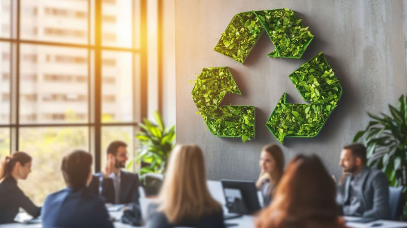 Geschäftsleute halten eine Besprechung in einem modernen Büro ab, an dessen Wand ein grünes Recycling-Symbol prangt.