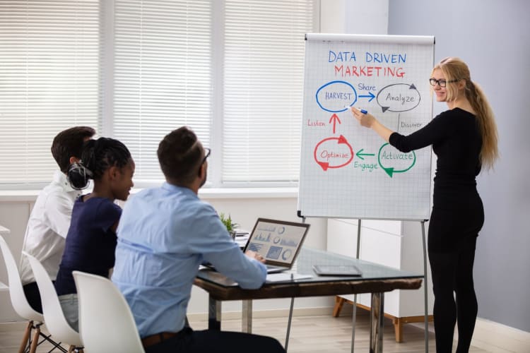 Junge Managerin hält im Büro vor ihren Kollegen einen Vortrag über Marketingdaten