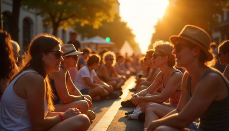 Klimaschützer veranstalten an einem heißen Sommernachmittag eine Sitzblockade auf einer Straße in der Stadt, Klimaschützer veranstalten an einem heißen Sommernachmittag eine Sitzblockade auf einer Straße in der Stadt, (KI-generiert)