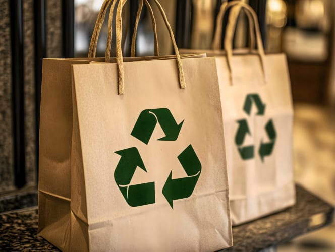 Zwei recycelbare Papiertüten mit dem grünen Punkt null