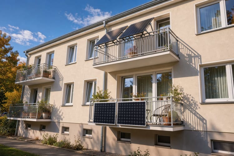Mehrfamilienhaus mit Solarmodulen an zwei Balkongeländern, oben schräg aufgeständert, unten senkrecht KI-generiert