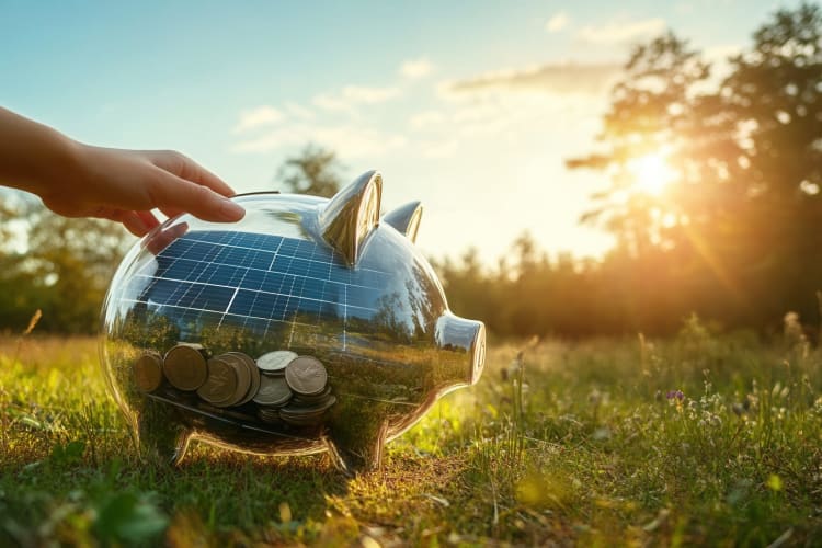 Sparschwein mit Solarpanel und Münzen im Inneren regt dazu an, in erneuerbare Energien für eine nachhaltige Zukunft zu investieren. null