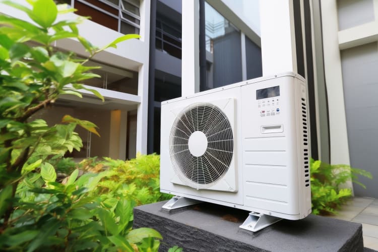  Eine Luft-Wasser-Wärmepumpe vor einem Wohngebäude null