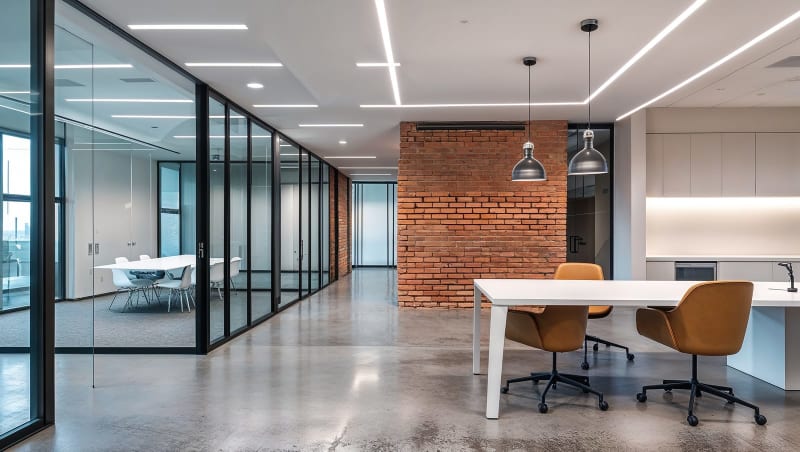 Modernes Büro mit freiliegenden Ziegelwänden, Glastrennwänden und modernen Möbeln