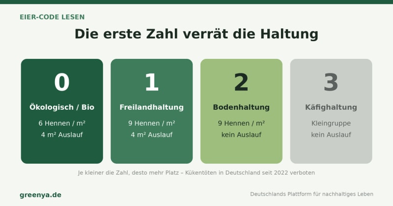 Infografik der vier Eier-Haltungsformen nach Code: 0 ökologisch (6 Hennen pro m², 4 m² Auslauf), 1 Freiland (9 Hennen, 4 m² Auslauf), 2 Boden (9 Hennen, kein Auslauf), 3 Käfig. Je kleiner die Zahl, desto mehr Platz.