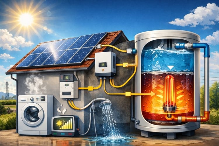 Photovoltaikanlage erzeugt Strom zur Warmwasserbereitung über Heizstab in einem Warmwasserspeicher null