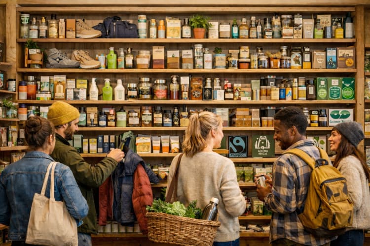 Junge Menschen vor einem Regal mit nachhaltigen Produkten in einem Biosupermarkt null
