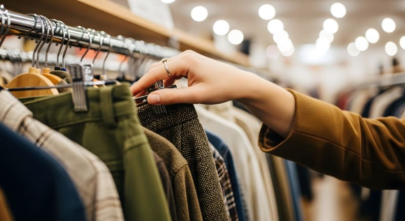 Nahaufnahme einer Frauenhand, die in einem hell erleuchteten Geschäft eine grüne Hose von einem Kleiderständer auswählt. Fokus auf nachhaltige Mode und bewussten Konsum. null