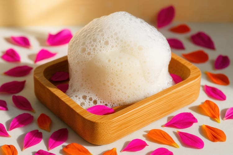  Schaumiges, festes Shampoo-Stück in Bambusschale mit leuchtenden Blütenblättern und warmem Sonnenlicht null
