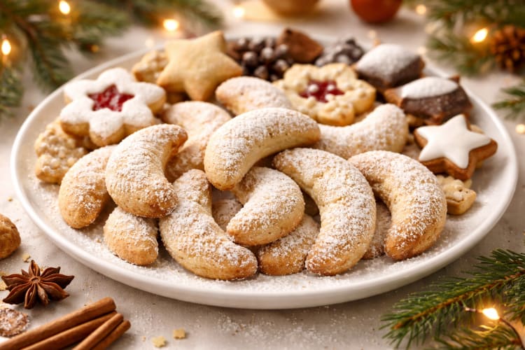 Butterzarte und leckere Vanillekipferl auf einem Teller null