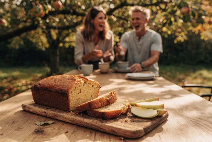 Angeschnittener Rührkuchen mit Apfelspalten auf einem Gartentisch, dahinter lachen zwei Menschen unscharf KI-generiert