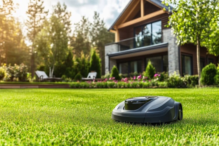 Ein Mähroboter mäht den Rasen vor einem Haus null