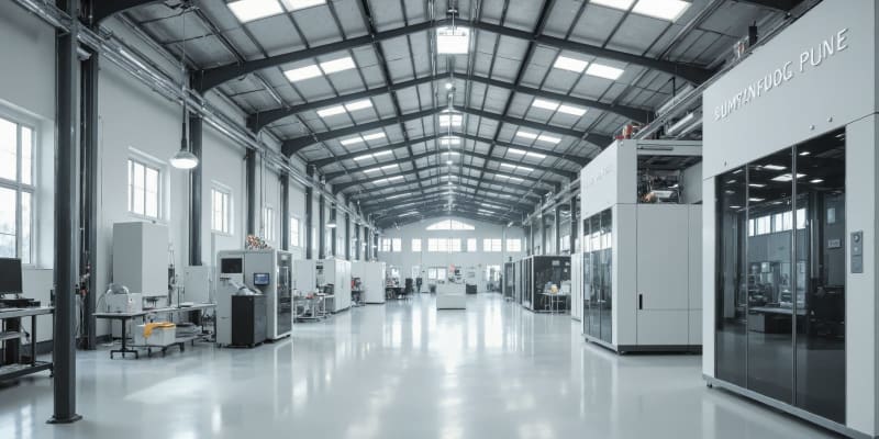Eine nachhaltige Druckfabrik mit umweltfreundlichen Materialien, großen 3D-Druckern, heller LED-Beleuchtung und einem klaren, minimalistischen Design.
