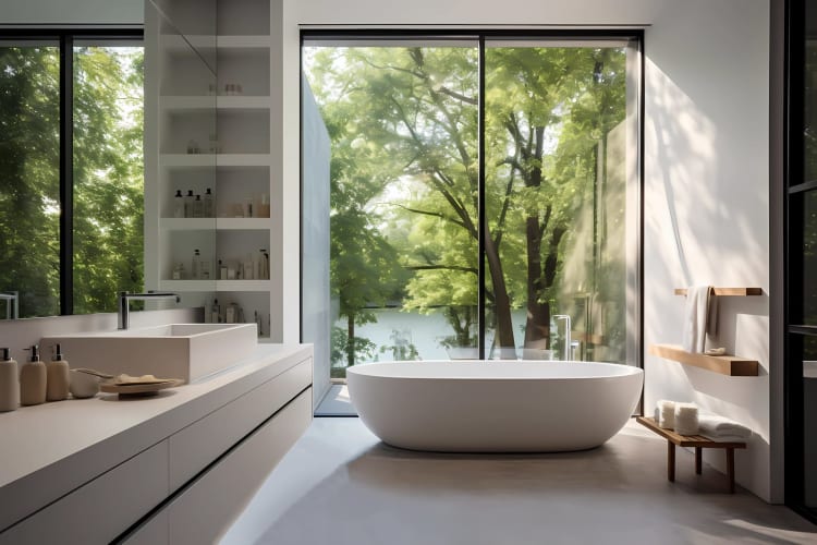 Badezimmer mit großer weißer Badewanne. Modernes, minimalistisches Design des Duschraums in einer Öko-Wohnung. Heller, hygienischer Raum mit weißen Schränken