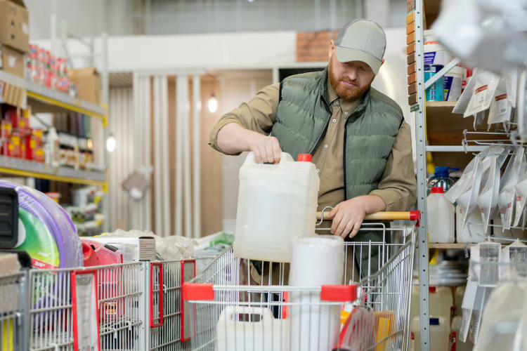 Mann stellt Kanister in seinen Einkaufswagen im Baumarkt  null