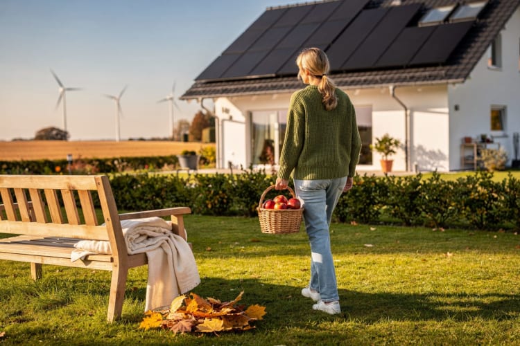 Frau im grünen Strickpullover trägt einen Korb mit Äpfeln durch einen herbstlichen Garten, dahinter ein Einfamilienhaus mit Solaranlage auf dem Dach und Windräder am Horizont Symbolbild, KI-generiert (greenya)