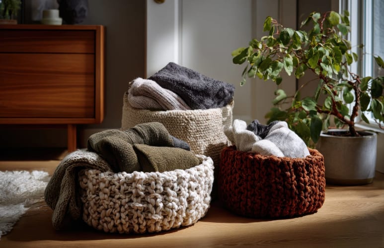 Warme Pullover und Decken quellen aus grob gestrickten Körben hervor und schaffen eine gemütliche und einladende Atmosphäre in einem stilvollen Zuhause