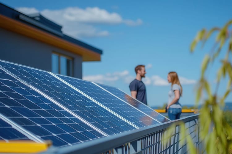 Auf dem Balkongeländer installierte Photovoltaikmodule erzeugen saubere Energie, im Hintergrund unterhält sich ein Paar. null