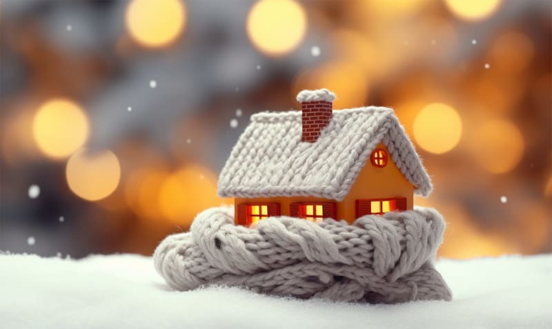 Miniaturhaus, eingehüllt in einen Strickschal null