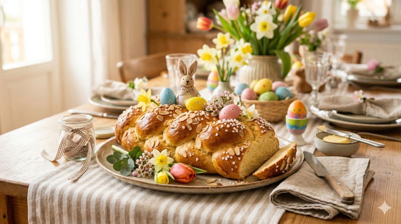 Selbstgebackener Hefezopf auf einem schönen Osterteller null