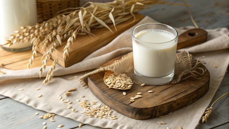 Hafermilch und Hafer auf dem Tisch – Frische Hafermilch in einem durchsichtigen Glas, daneben Haferflocken und Haferähren. Natürliches Pflanzengetränk aus Hafer, ideal für die Bio-Ernährung und vegetarische Ernährung