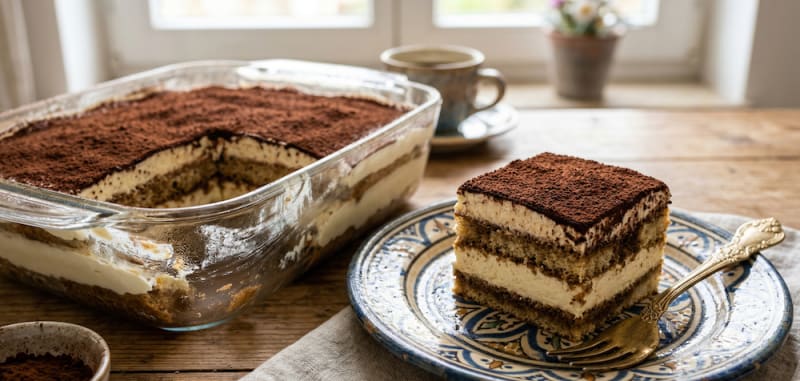 Hausgemachtes Tiramisu mit zwei Biskuit- und Cremeschichten in einer gläsernen Auflaufform, mit Kakao bestäubt; daneben ein sauber geschnittenes, quadratisches Stück auf einem dekorativen Keramikteller mit goldener Gabel. null