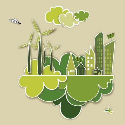 Ökologische Stadt, nachhaltige Energieindustrie Entwicklung Hintergrund. Vektor-Datei für einfache Manipulation und benutzerdefinierte Färbung geschichtet. null