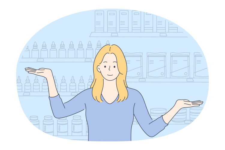 Konzept für Naturkosmetik. Cartoonfigur eines jungen, lächelnden Mädchens, das mit ausgestreckten Händen dasteht und sich in einer Ladenillustration an einer Auswahl an Bio-Pflegeprodukten erfreut