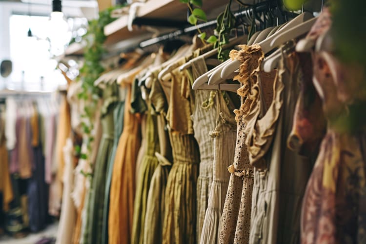 Konzept der nachhaltigen Mode. Kleidung, die in einem Second-Hand-Laden an einem Kleiderständer hängt. Slow Fashion. Nachhaltigkeit in der Mode. Grüne Moderevolution. Bewegung für nachhaltige Mode. Generative KI.