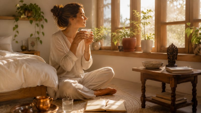 Frau sitzt in Naturkleidung, Schneider sitzt auf Fußboden vor Bett, schaut aus dem Fenster und macht ihre ayurvedische Morgenroutine.
