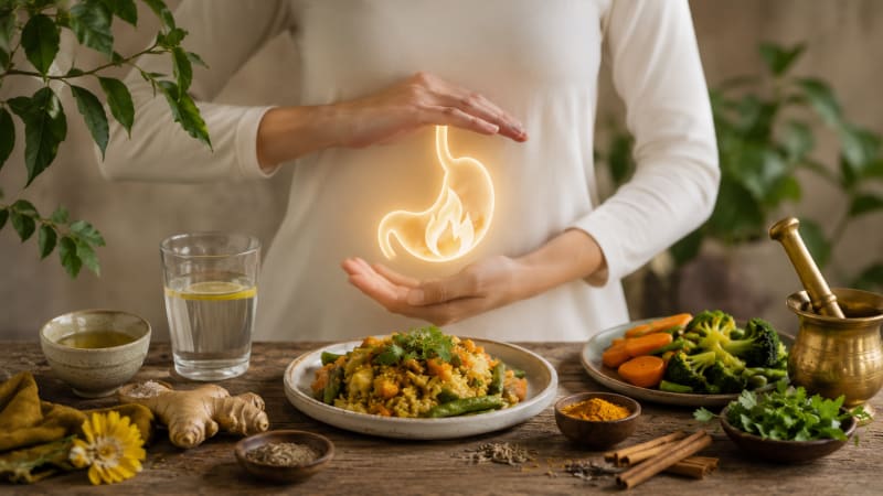 Eine warme, Szene zum Ayurveda-Konzept „Agni“: Eine Person in heller Kleidung hält die Hände schützend vor den Bauch, vor dem symbolisch ein leuchtender Magen mit einer kleinen Flamme dargestellt ist. Auf einem rustikalen Holztisch stehen ein Teller mit warmem Gemüse-Reis-Gericht, gedünstetes Gemüse, Ingwer, Kurkuma, Kreuzkümmel, Zimtstangen, Kräuter, ein Glas warmes Wasser mit Zitrone sowie ein Messingmörser. Sanftes Tageslicht und grüne Pflanzen im Hintergrund schaffen eine ruhige, gesundheitsorientierte Atmosphäre.