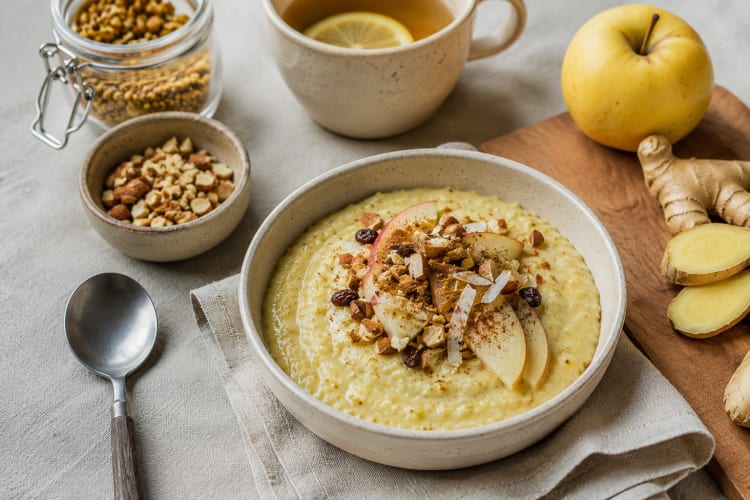 Ein warmes, ayurvedisches Frühstück auf einem hell gedeckten Tisch. In einer schlichten Keramikschale befindet sich cremiger Getreidebrei, garniert mit Apfelscheiben, gehackten Nüssen, Rosinen und einer Prise Zimt. Daneben stehen eine Tasse Kräutertee mit Zitronenscheibe, kleine Schalen mit Nüssen und Gewürzen sowie frischer Ingwer und ein Apfel auf einem Holzbrett. Das weiche Tageslicht und die natürlichen Farben schaffen eine ruhige, einladende Morgenstimmung.