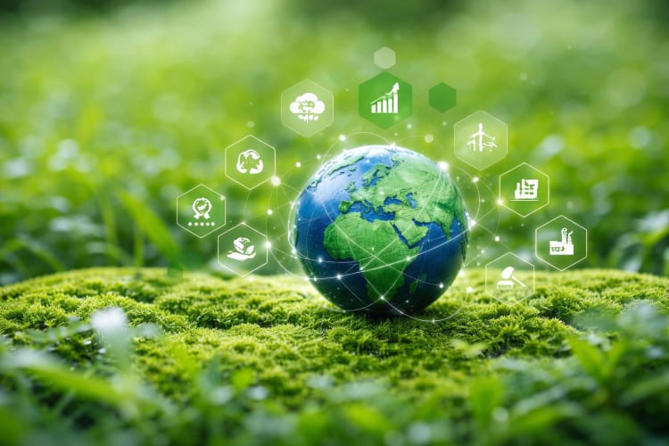  KI-generierte Weltkugel auf Moos mit Öko-Symbolen für CO2-Reduzierung, erneuerbare Energien, Nachhaltigkeit, Klimaschutz und Umweltschutz null